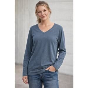 Carhartt Women XL Top Relaxed Fit Long Sleeve V Neck Shirt Blue Workwear Utility